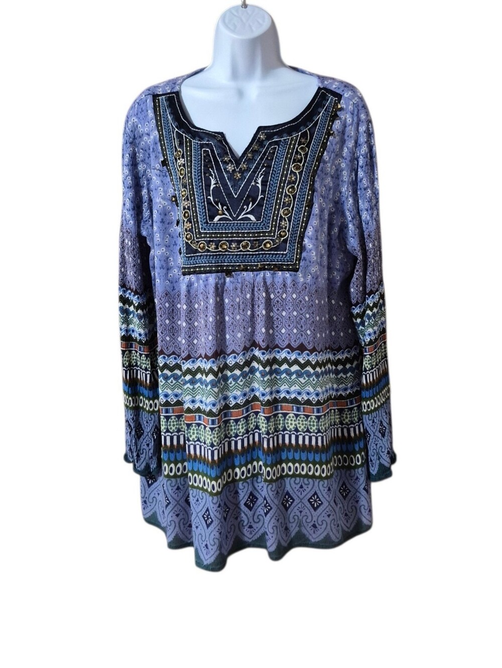 Dressbarn Boho Embroidered Long Sleeve Tunic Top Lavender Pattern Sz XL EUC